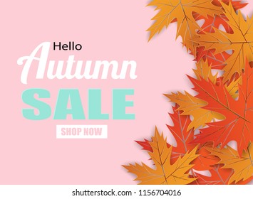 Hello Autumn. background layout decorate with leaves design for web ,banner ,template ,poster, web, banner. Vector