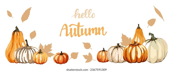 Hello Autumn. Autumn background with leaves and orange, yellow and white pumpkins. Vector illustration.