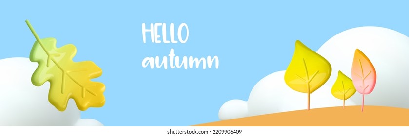 Hello Autumn background with leaves. Stylized landscape with leaf-shaped trees , clouds and blue sky. 3d autumn design elements for banners, posters, cards, sales. Vector cartoon illustration