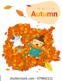 Hello autumn background with little girl , vector , illustration