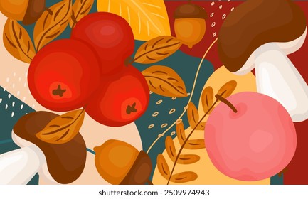 Hello autumn background. Modern abstract autumn nature illustration with leaves, apples, berries, harvest, mushrooms, acorns for banner, background, greeting card, flyer