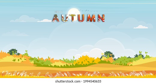 Hola Antecedentes de otoño con el paisaje natural del bosque con césped y colinas,Naturaleza vectorial con pradera en las colinas y cielo azul en los días soleados, Antecedentes Estilo de caricatura de arte plano para la temporada de otoño