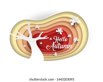 Hello Autumn Background Paper Cut Style On Isolated white Background