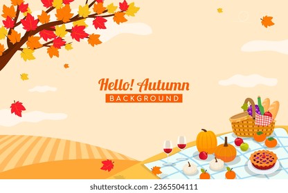 Hello! Autumn background vector illustration. Autumn picnic under maple tree