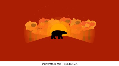 Hello autumn background with wild animal shape autumn colored trees and sunrise , vector , illustration