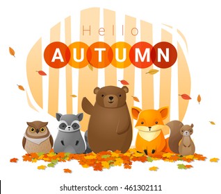 Hello Autumn Background With Wild Animals , Vector , Illustration