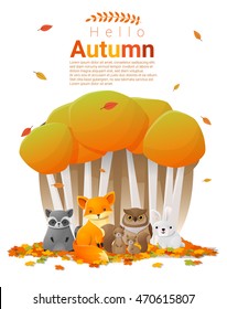 Hello autumn background with woodland animals , vector , illustration