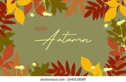 Hello Autumn banner, background with autumn leaves stamp and inscription. Frame, border. Vector illustration