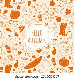 Hello Autumn banner or card template. Fall background with umbrella, rubber boots, pumpkin, leaves. Vector illustration