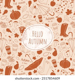 Hello Autumn banner or card template. Fall background with umbrella, rubber boots, pumpkin, leaves. Vector illustration