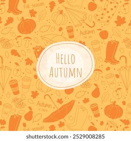 Hello Autumn banner or card template. Fall background with umbrella, rubber boots, pumpkin, leaves. Vector illustration