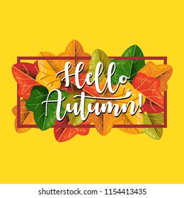 Hello Autumn banner with colorful leaves in grain shadow style for autumn season can use for poster, banner, and promotional