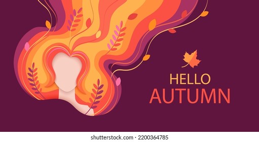 Hello autumn banner concept. Woman portrait with colorful hair and autumn leaves. Vector illustration.