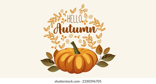 Hello autumn banner with autumn dessert. The banner can be used for seasonal greetings and invitations to autumn events such as festivals, Cafe and bakery advertising, Decor for restaurants