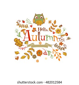 Hello Autumn banner in doodle style, hand-drawn animals and insects, flowers and plants