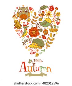 Hello Autumn banner in doodle style, hand-drawn animals and insects, flowers and plants