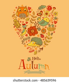 Hello Autumn banner in doodle style, hand-drawn animals and insects, flowers and plants