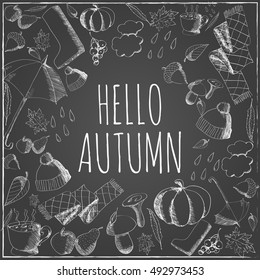 Hello autumn banner draw with chalk on grey blackboard. Vector illustration. 