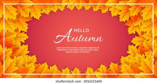 Hello Autumn Banner with Golden Maple Leaf. Seasonal Lettering Banner Template Illustration.