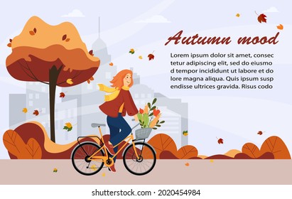 Hello autumn, banner. Happy young girl rides a bike in the park, city background. Healthy lifestyle and active recreation. Vector illustration in a flat style.