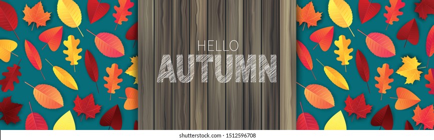 Hello autumn banner or header with wooden board plank for typography text and red and orange leaves over blue background. Vector illustration.