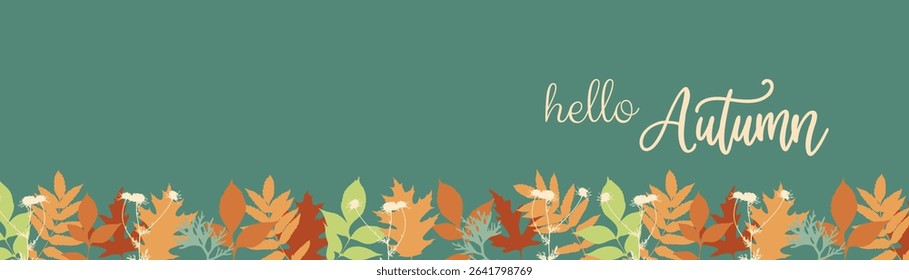 Hello Autumn banner. Horizontal autumn border bright leaves on green background. Vector illustration
