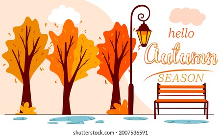 Hello autumn banner. Autumn landscape. City Park. Puddles after the rain, lantern, bench. Cartoon style. Vector illustration for design and decoration.