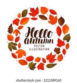 Hello autumn, banner. Leaf fall, decorative leaves concept. Vector illustration