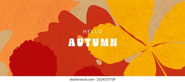 Hello, autumn. Autumn banner with autumn leaves for background, greeting card, invitation, poster or background. Grainy texture. 