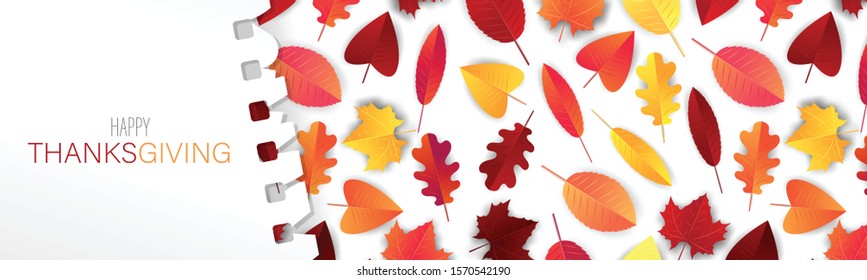 Hello autumn banner or long header for website, newsletter, advertisement. Red and orange tree leaves on white background covered by torn out sheet of notepad paper. Vector illustration.