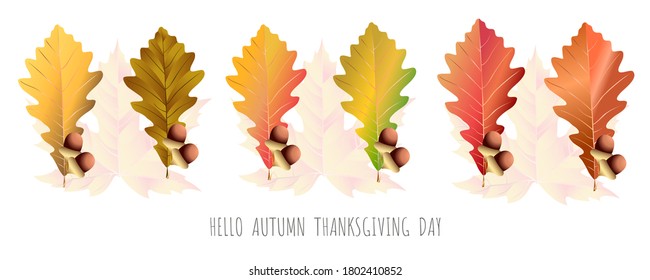 Hello Autumn banner for mounth september. Different colored autumn leaves. Design for greeting card, sale or advertising poster. Vector illustration