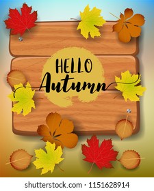 Hello Autumn banner. paper colorful tree leaf maple, rowan leaves on wood texture background.