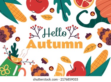 Hello autumn banner poster cover concept composition. Graphic design element illustration
