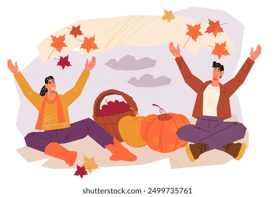 Hello Autumn banner or poster with people enjoying a pumpkin patch harvest, flat vector illustration. Autumn season banner or flyer design for farm market and Halloween fairs.