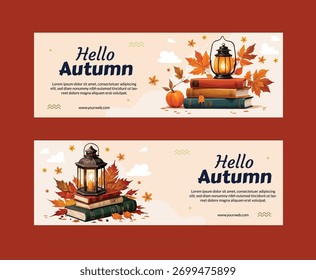 
Hello Autumn Banner Set with Lantern, Books, and Fall Leaves