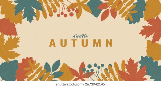 Hello Autumn banner template. Fall leaves frame. Retro style illustration for card, banner, cover, ads, branding. Minimalist art. Grainy texture