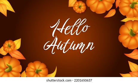 Hello autumn banner template with pumpkin and leaf. Poster, card, label, banner. Vector illustration with pumpkins, autumnal leaves. Brown background. Overhead top view with copy space.
