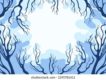 Hello, Autumn. Bare crowns of trees without leaves. Overcast sky. Clouds. Landscape background with place for text. For banner, poster, background.