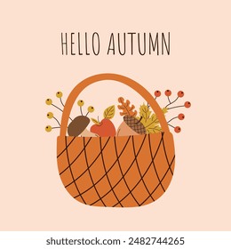 Hello autumn. Basket with mushroom, acorn, apple and leaves. Minimalistic hand drawn postcard. Vector illustration.