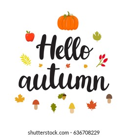 Hello autumn. Beautiful poster with mushrooms, apple, leaves, pumpkin and hand written text. Funny vector background. Forest design elements. Vector illustration