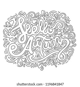 Hello autumn. Black and white line art. Calligraphy design that can be used as a print on t-shirts, bags, stationery, posters, greeting cards. Handwritten lettering.