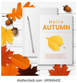 Hello autumn with blank notebooks on wooden board background , vector , illustration