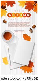 Hello autumn with blank notebooks on wooden board background , vector , illustration