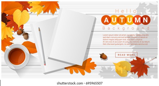 Hello autumn with blank notebooks on wooden board background , vector , illustration