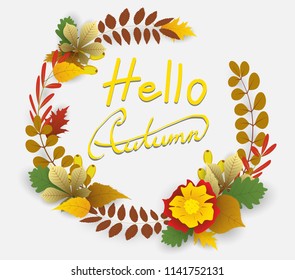 Hello Autumn boder sale Banner with hand writing text and leaves