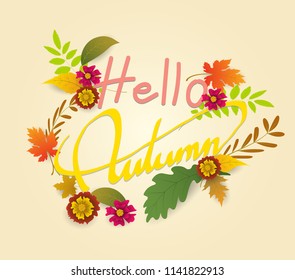 Hello Autumn boder sale Banner with hand writing text and leaves