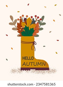 Hello, Autumn. Bouquet of fallen leaves in a rubber boot. Autumn card, background with fallen leaves. Vector