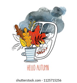 Hello autumn. A bouquet of various autumn leaves against a window and a cloud with a rain. Hand drawn doodle vector illustration.