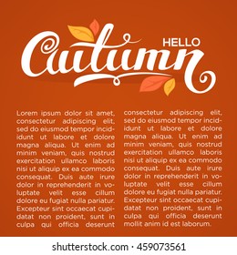 hello autumn, bright fall leaves and lettering composition flyer or banner template