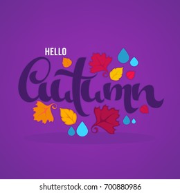 Hello Autumn, bright fall leaves and lettering composition flyer or banner template